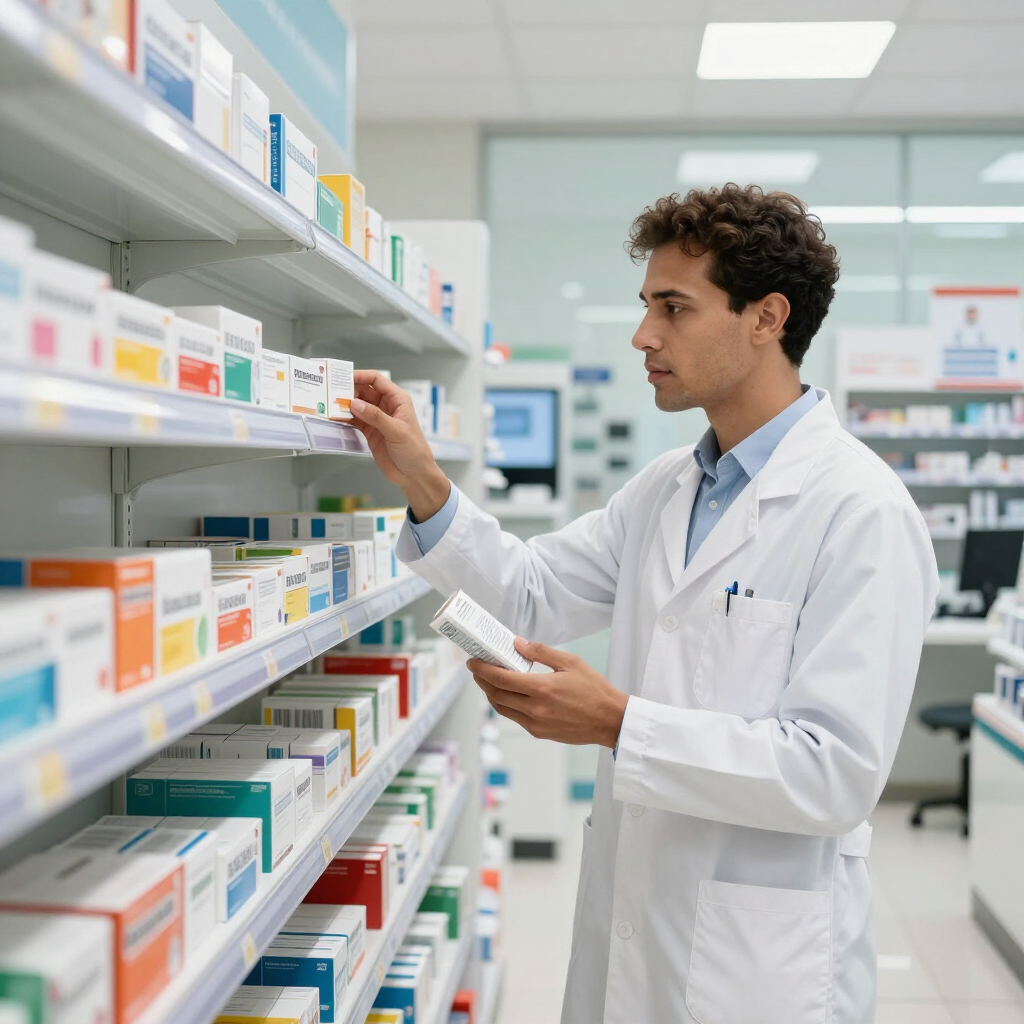 Farmacéutico con bata blanca buscando medicamentos en los estantes de la farmacia.