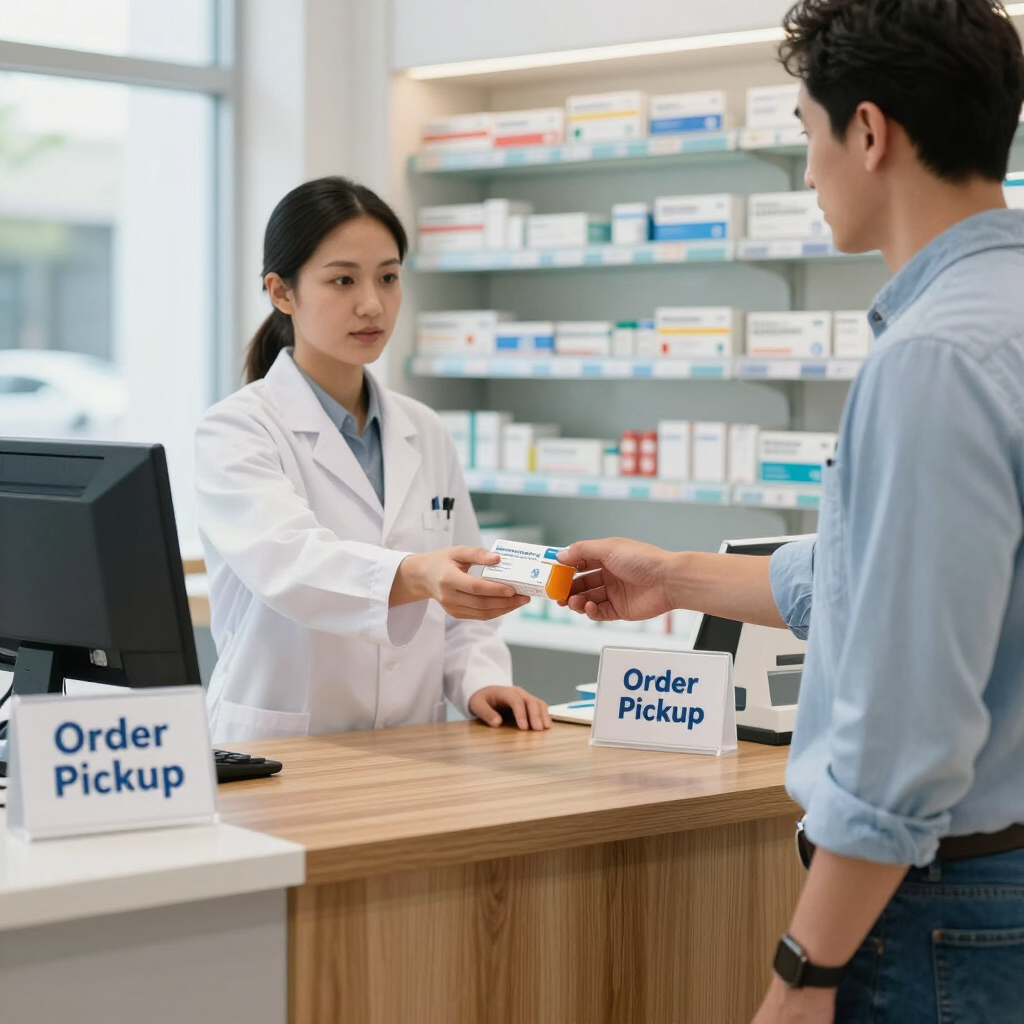 Un farmacéutico entrega un medicamento a un cliente en el mostrador de recogida de pedidos de una farmacia.
