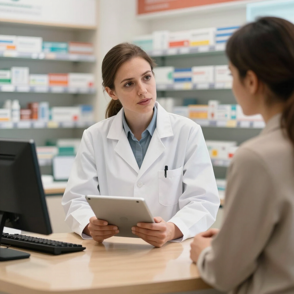 Farmacéutico atendiendo a un cliente en el mostrador de una farmacia, sosteniendo una pastilla, con estantes de medicamentos al fondo.