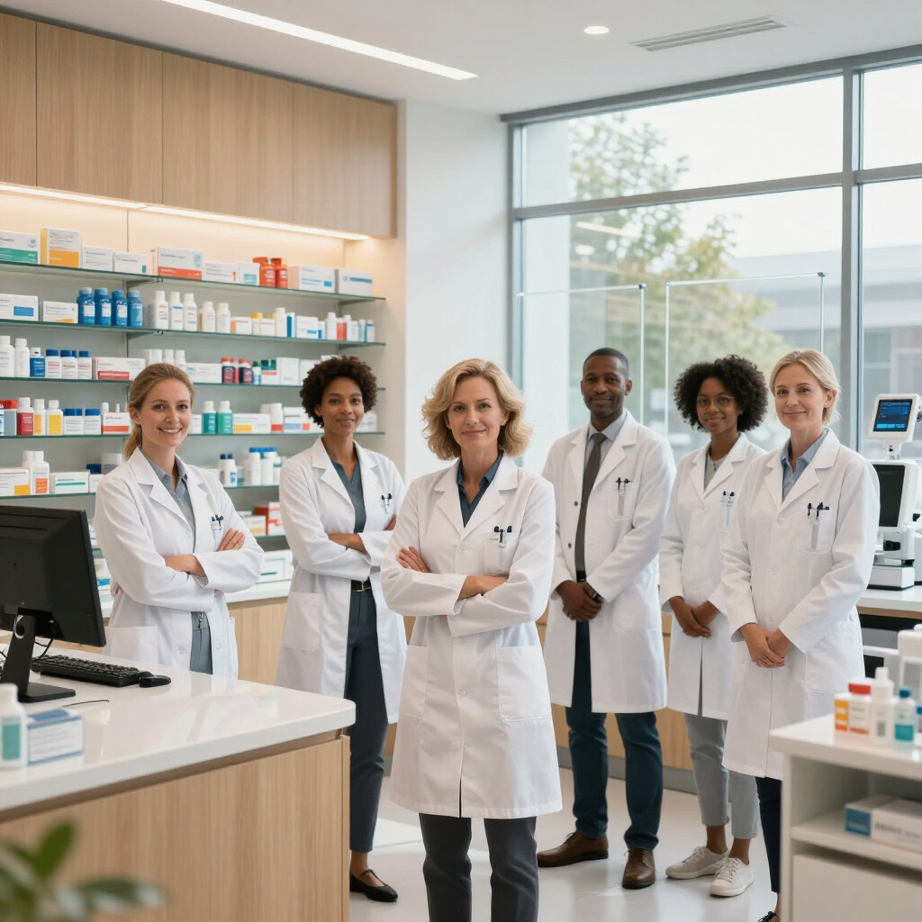 Cinco farmacéuticos con batas blancas de laboratorio de pie en el interior luminoso de una farmacia.