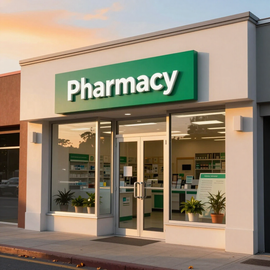 Fachada de farmacia con letrero verde, entrada de cristal y plantas en macetas al atardecer.
