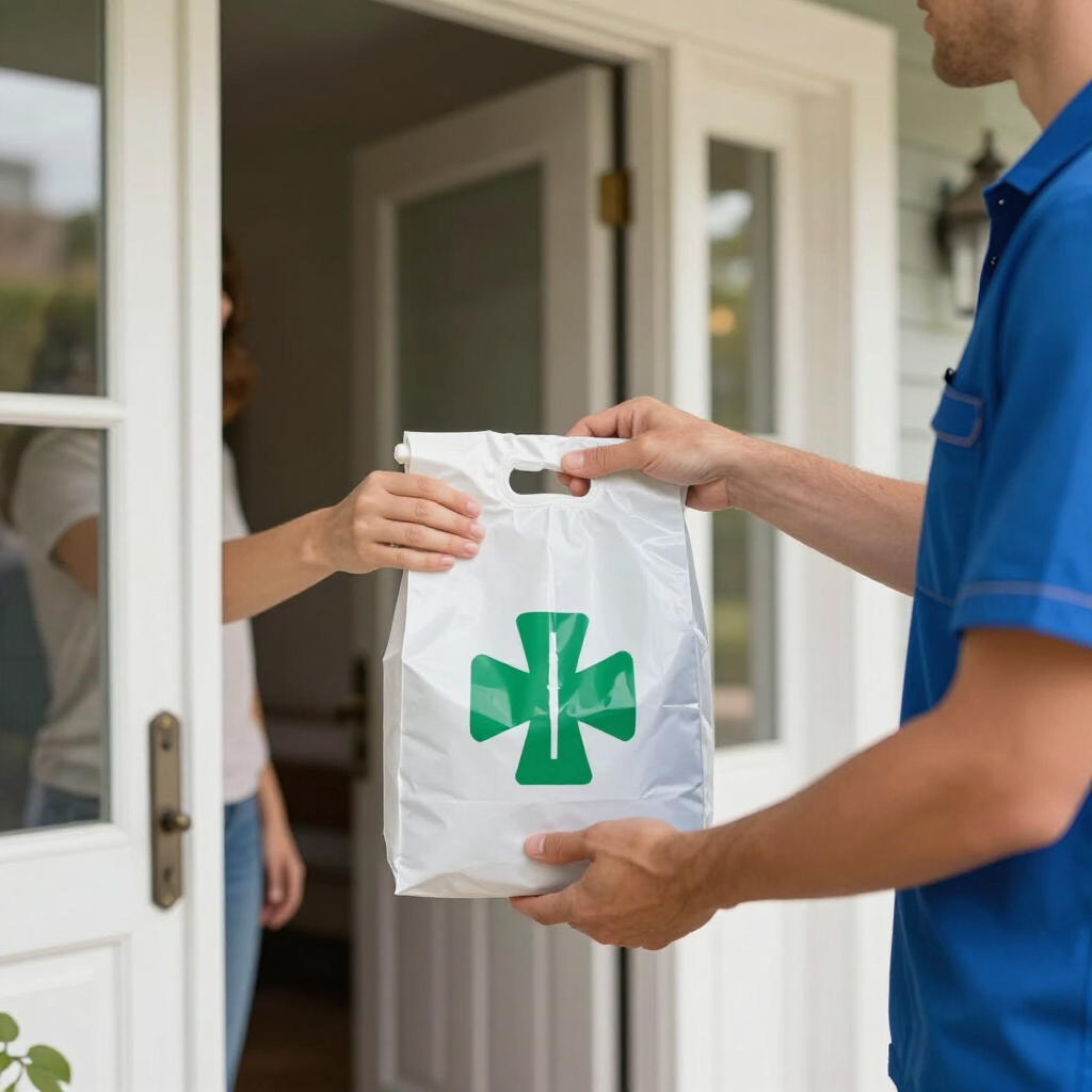 Un repartidor entrega una bolsa blanca con una cruz médica verde a alguien que está en la puerta.