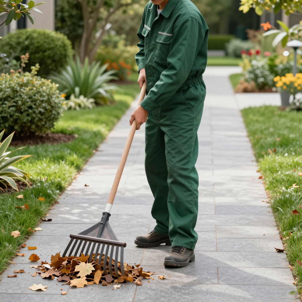 Trabajador de mantenimiento recolectando hojas en jardín exterior