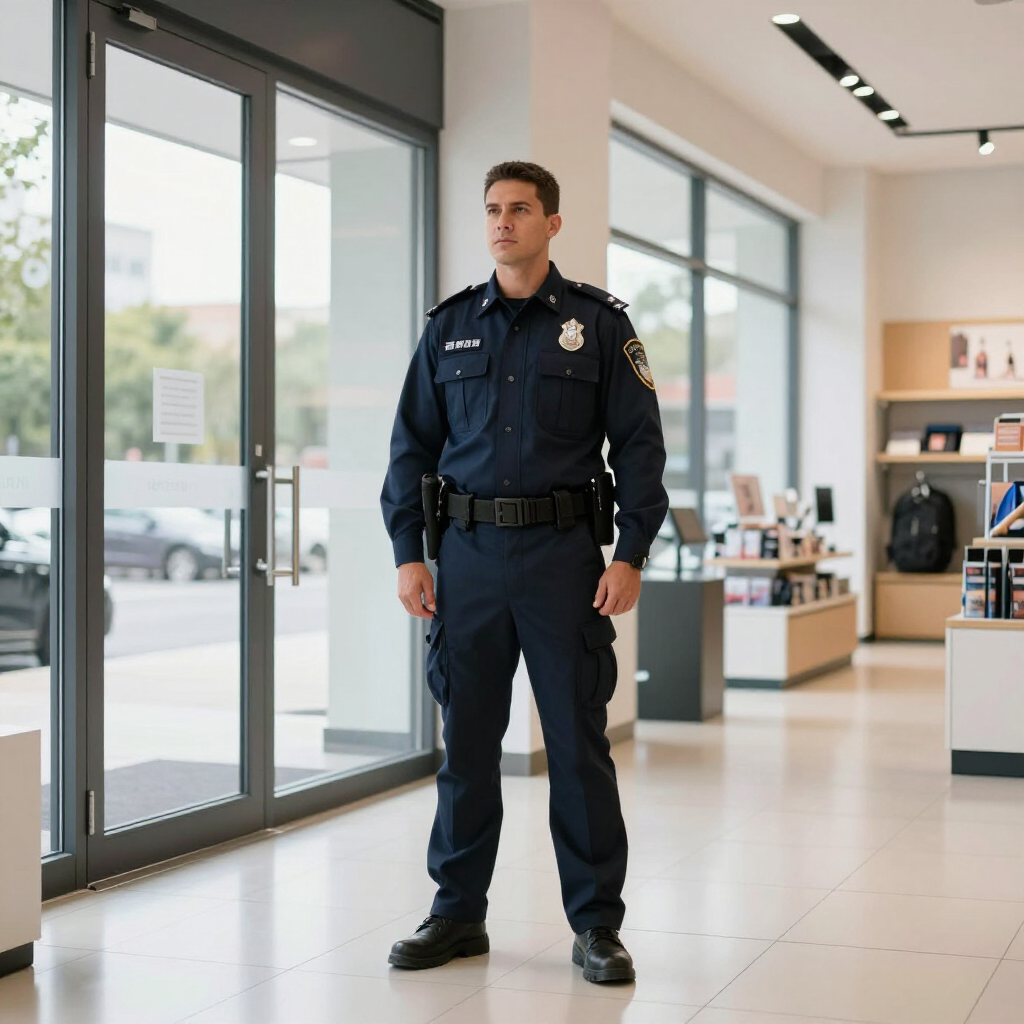 Guardia de seguridad en entrada de tienda comercial