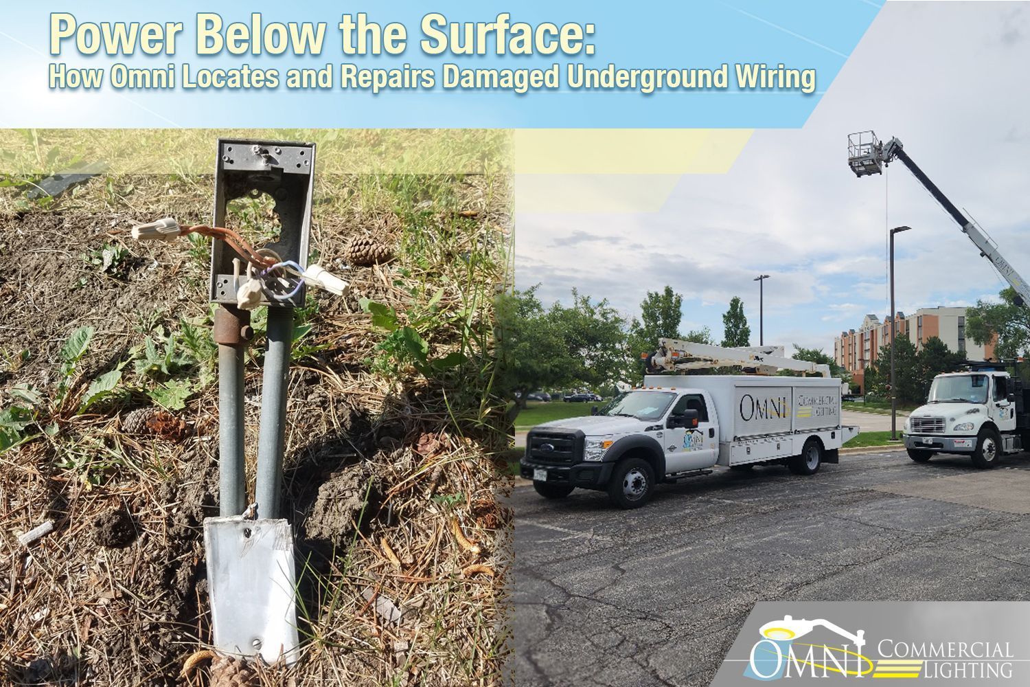Damaged underground wiring, a utility truck, and a lift vehicle. The image's title is: 