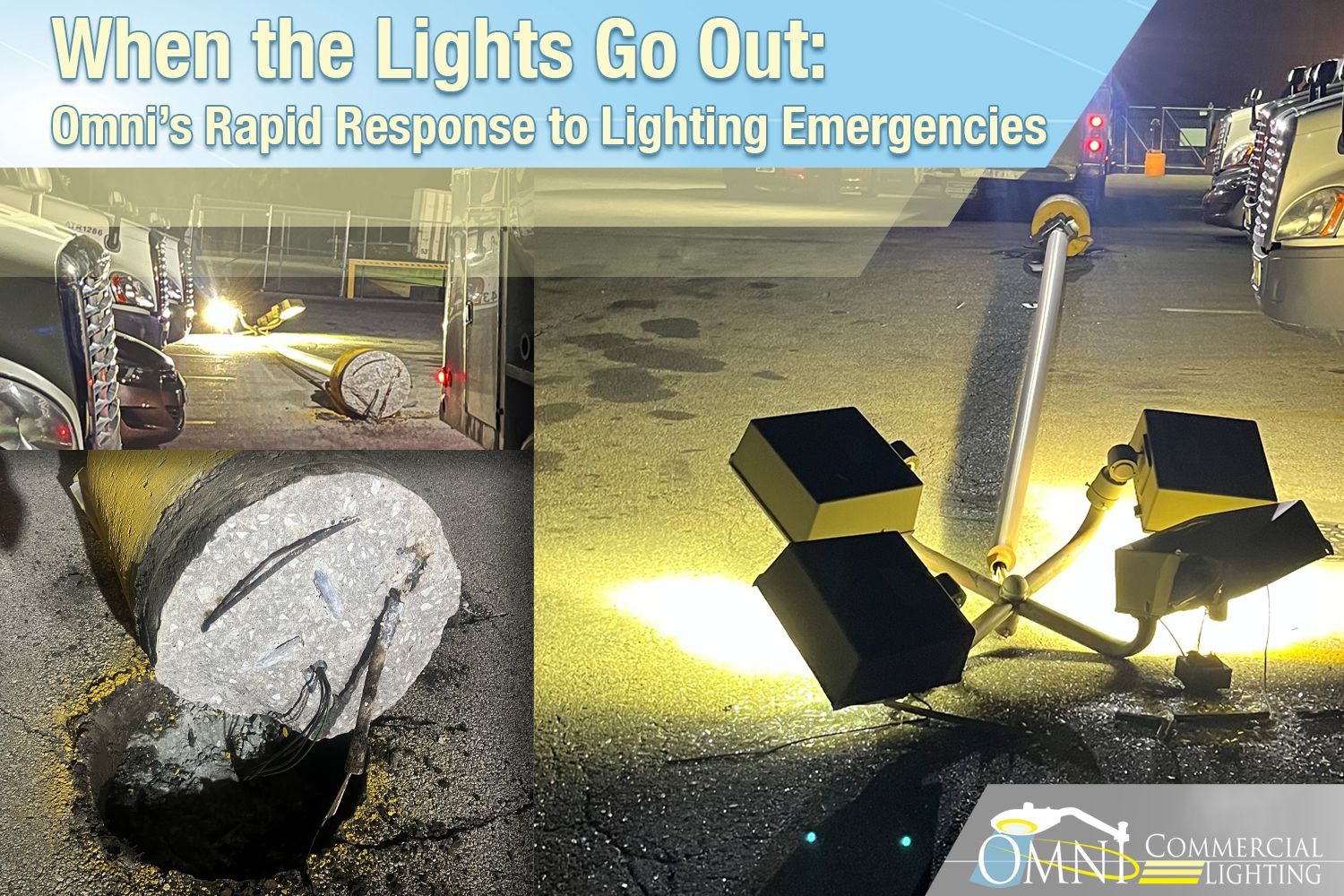 Emergency lighting illuminates a dark road scene. A vehicle is visible, with Omni logo at the bottom. Emergency lighting illuminates a dark road scene. A vehicle is visible, with Omni logo at the bottom.