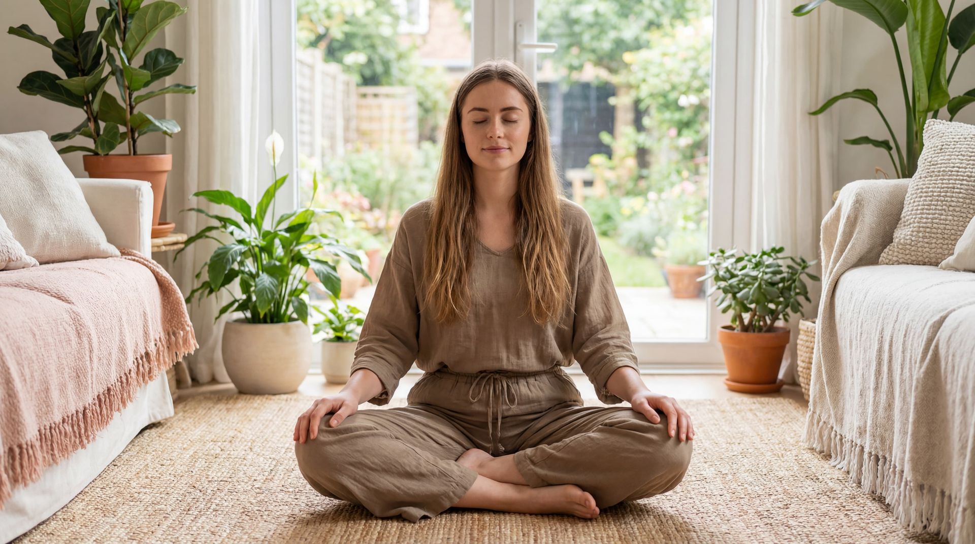Woman meditating on a rug indoors with eyes closed, surrounded by plants and sunlight.