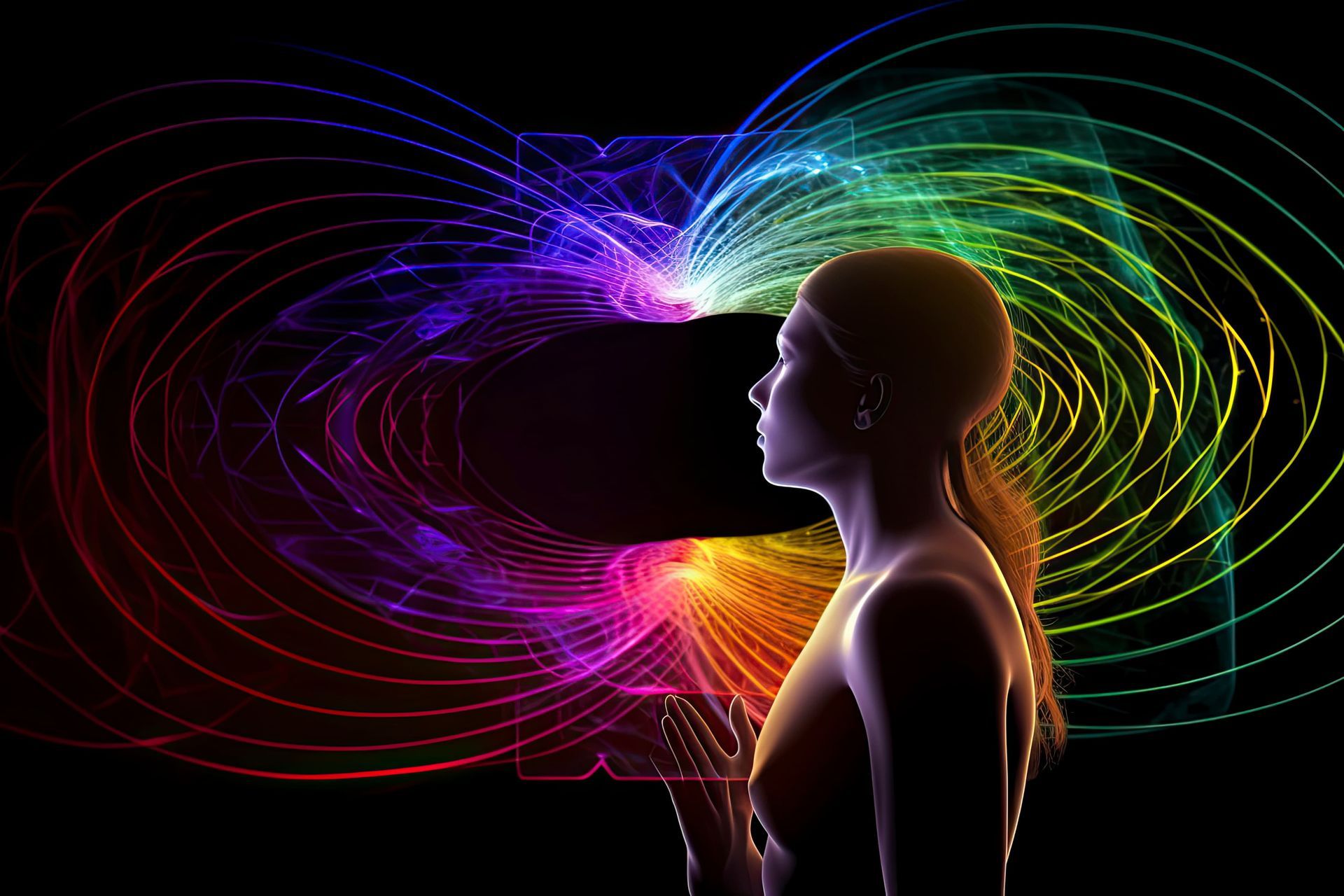 Woman with flowing, colorful energy field emanating from her hands, against a black background.