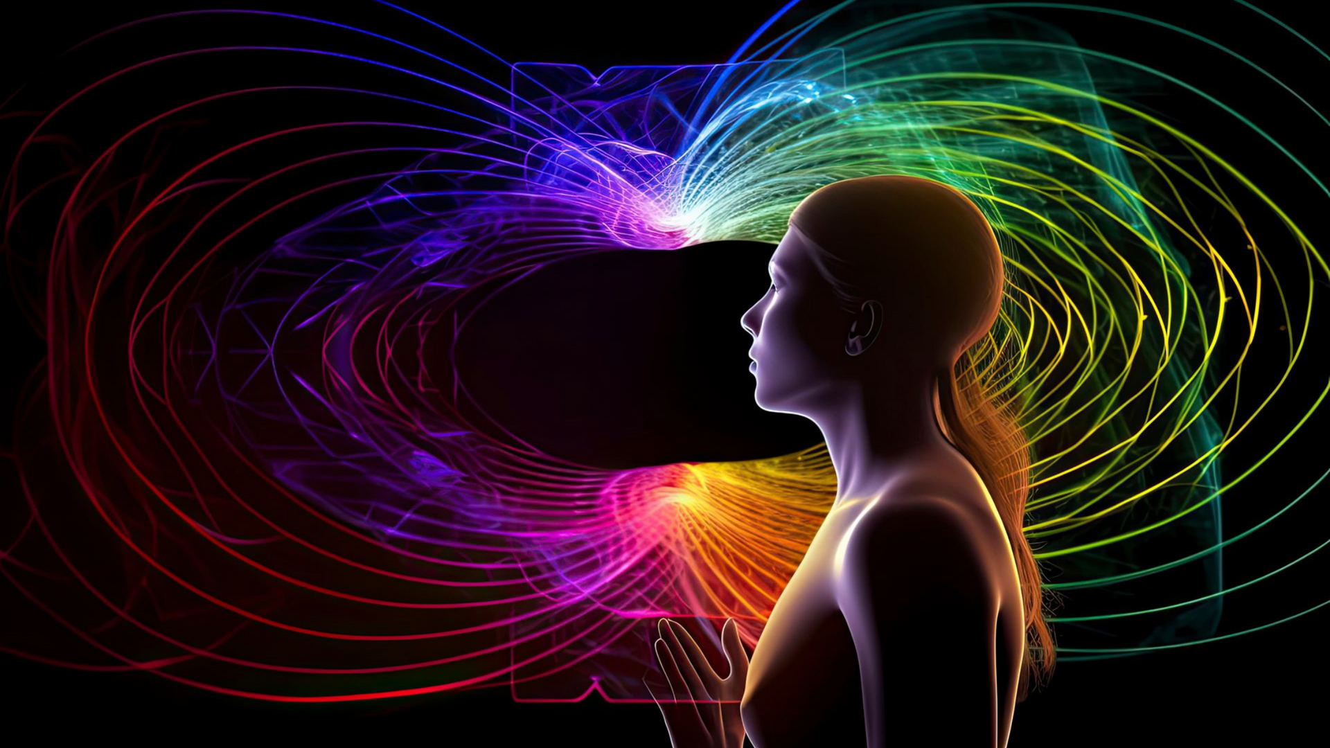 Silhouette of a person in profile with colorful swirling light trails radiating from their head on a black background