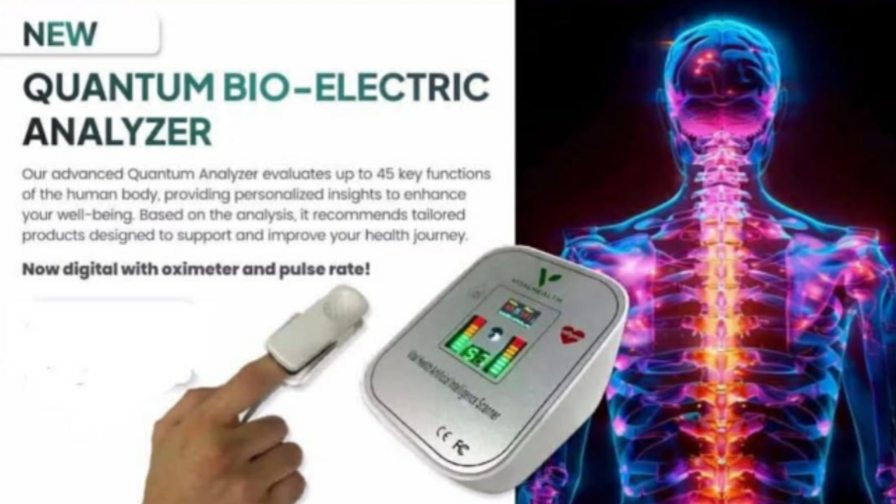 Quantum bio-electric analyzer ad showing a hand holding a device beside a glowing human figure