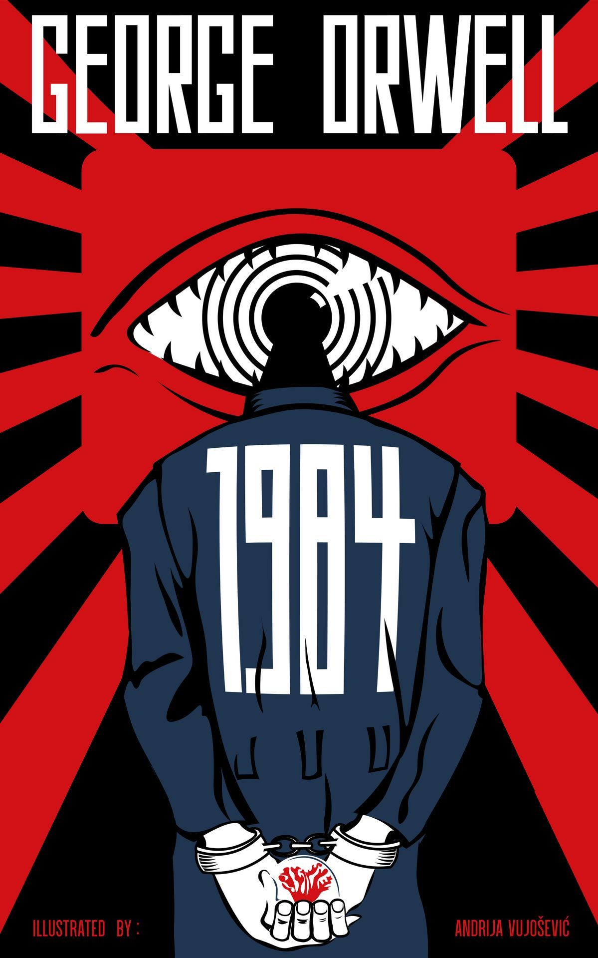 George Orwell 1984 poster with a large eye and a man in a blue suit against a red-and-black background