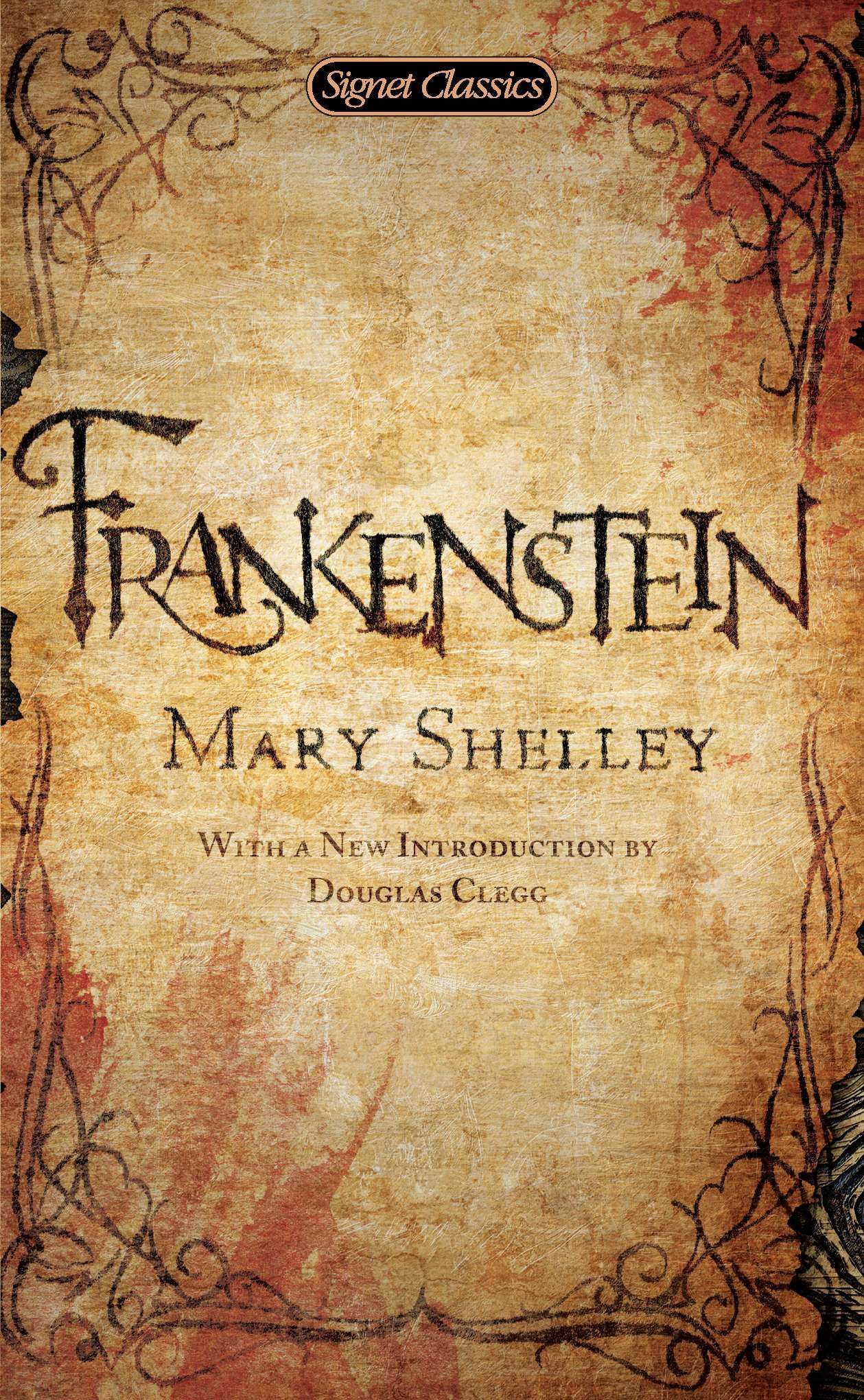 Frankenstein by Mary Shelley book cover on aged parchment background with ornate border
