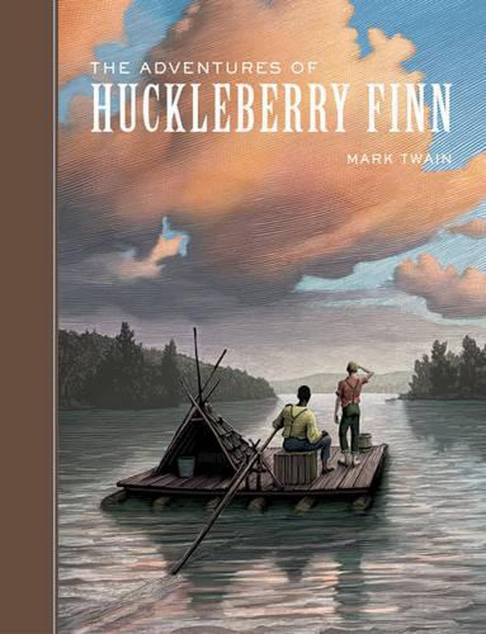 Huckleberry Finn book cover with two figures on a raft at sunset on a river.
