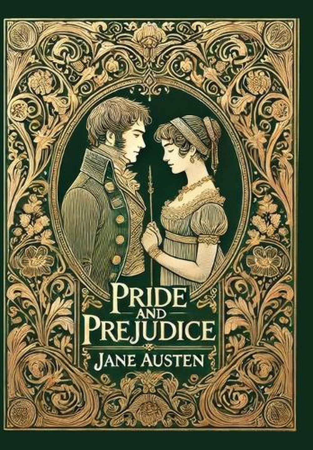 Ornate vintage-style cover of Pride and Prejudice with a man and woman facing each other in gold and green.