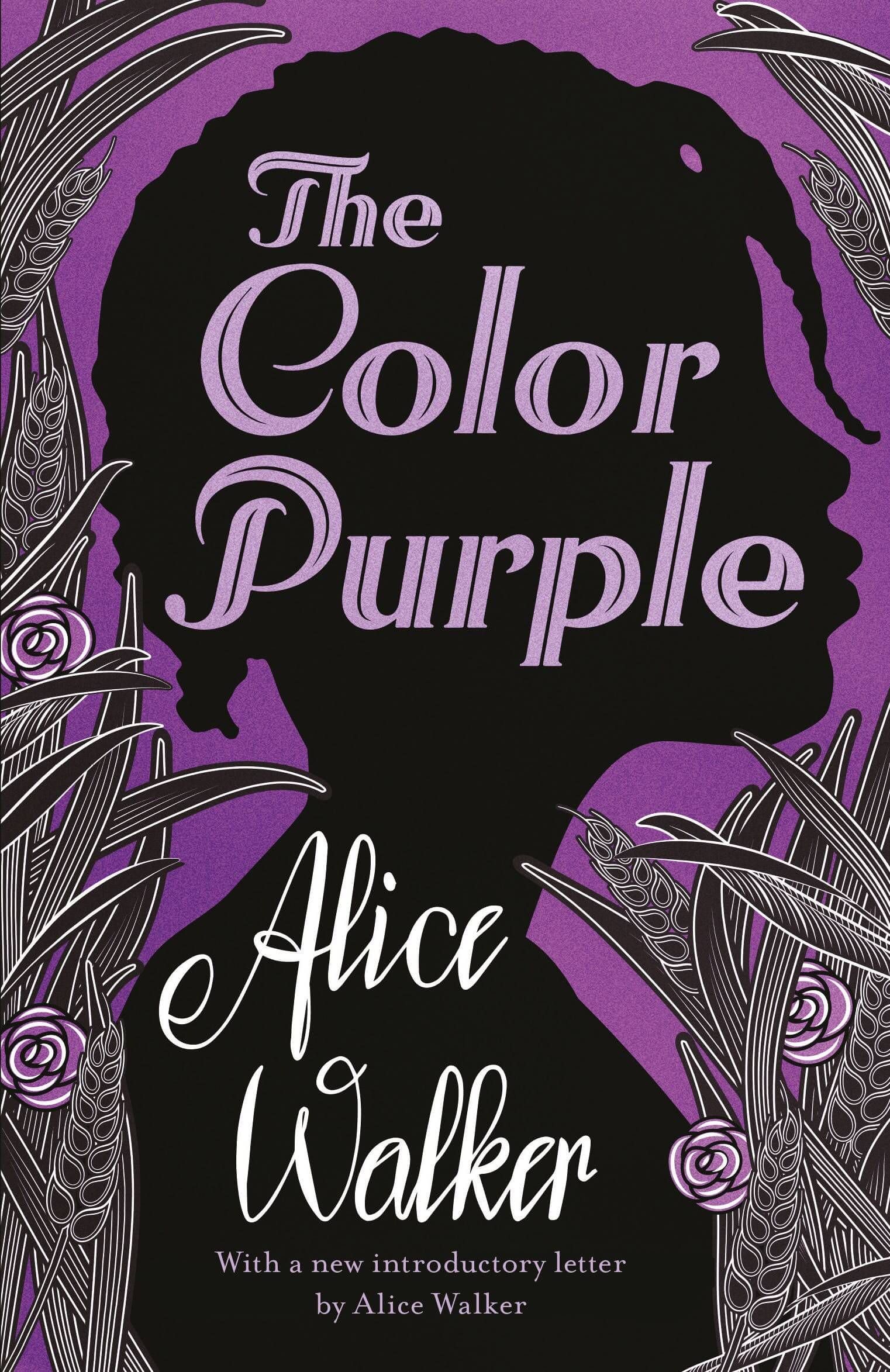 Book cover for The Color Purple by Alice Walker in purple and black vintage style