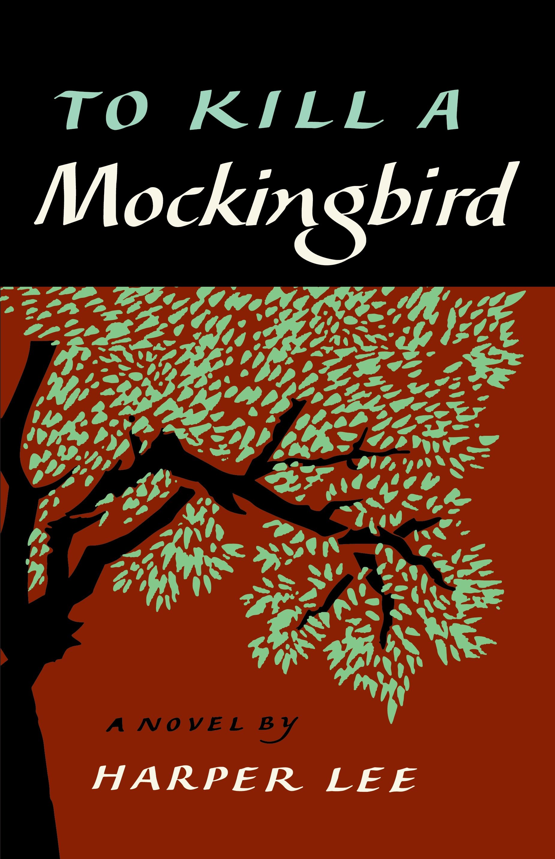 Book cover of To Kill a Mockingbird by Harper Lee, with a tree silhouette and green leaves on a red background