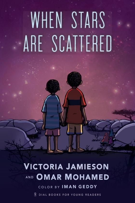Book cover with two children on a rocky shore under a starry purple sky, titled “When Stars Are Scattered”