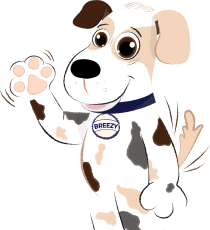 A cartoon dog with a collar that says breezey is waving his paw.