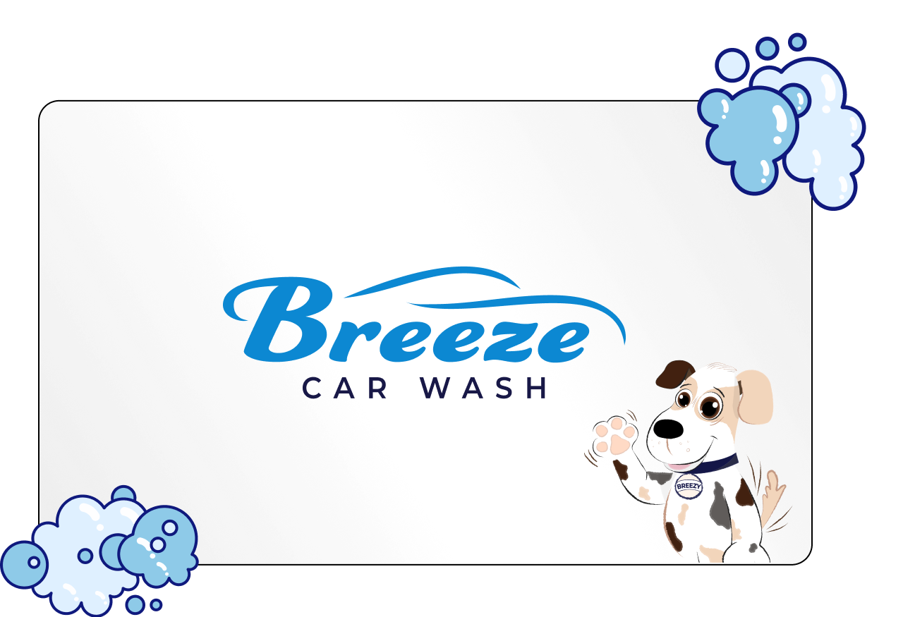 A breeze car wash logo with a dog and bubbles