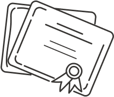 A line drawing of three certificates with a seal.