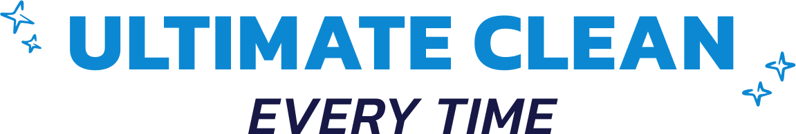 The logo for ultimate clean every time is blue and white.