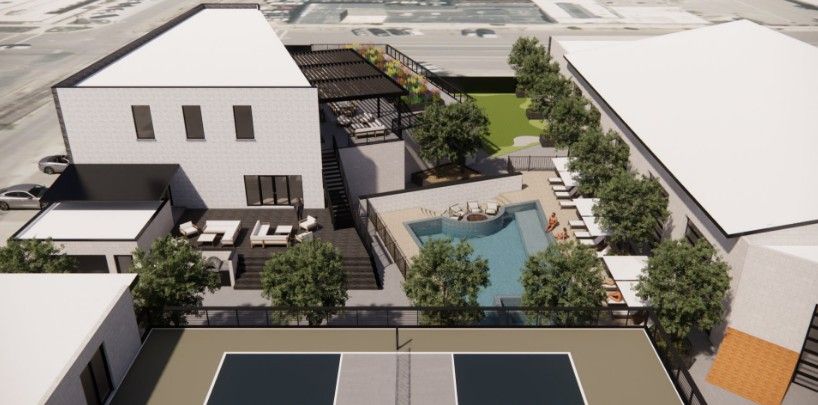 Digital rendering of aerial view of the SLC Club showing the pickle ball court, swimming pool, and building layout.