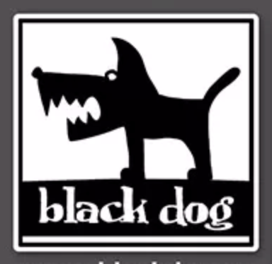 Black dog cartoon logo. Black silhouette of a snarling dog inside a white square, 
