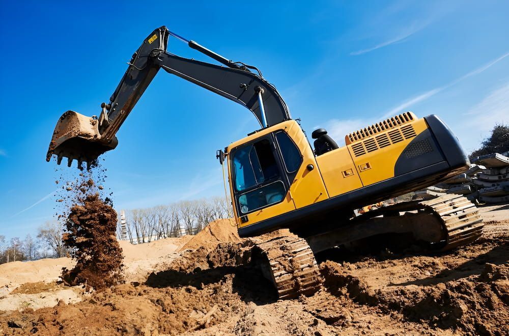 A Yellow And Black Excavator Is Digging A Hole In The Dirt — Wilsons Excavations & Plant Hire in Byron Bay, NSW