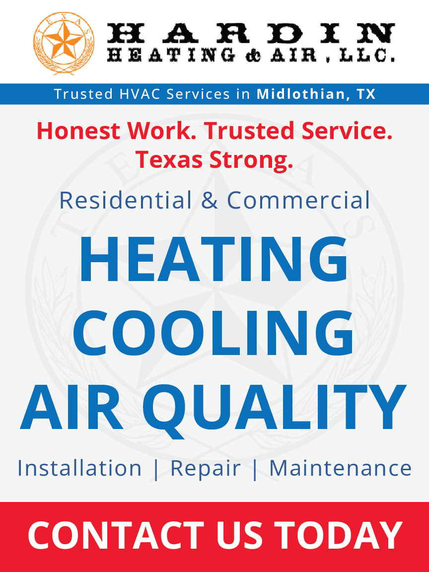 Hardin Heating & Air LLC ad with blue and red text promoting heating, cooling, and air quality services.