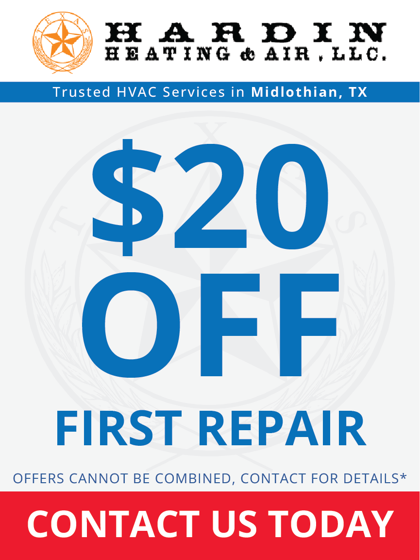 Hardin Heating & Air LLC ad: $20 off first repair, contact us today.