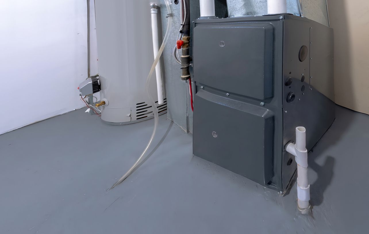 Furnace and water heater in a basement with gray painted floor and walls.