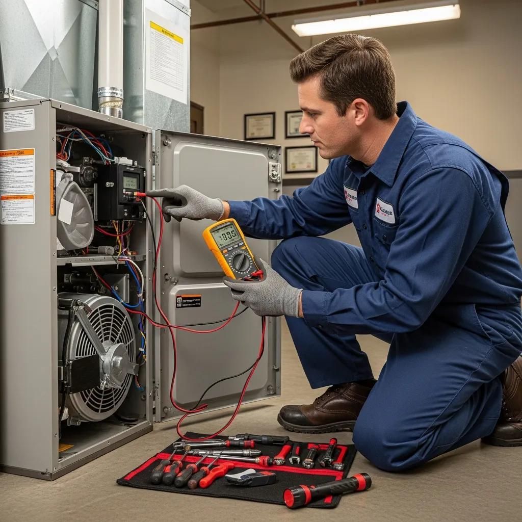 Local Furnace Service in Waxahachie You Can Trust 5 HVAC technician using multimeter to troubleshoot furnace. Kneeling, inspecting wiring with tools nearby.