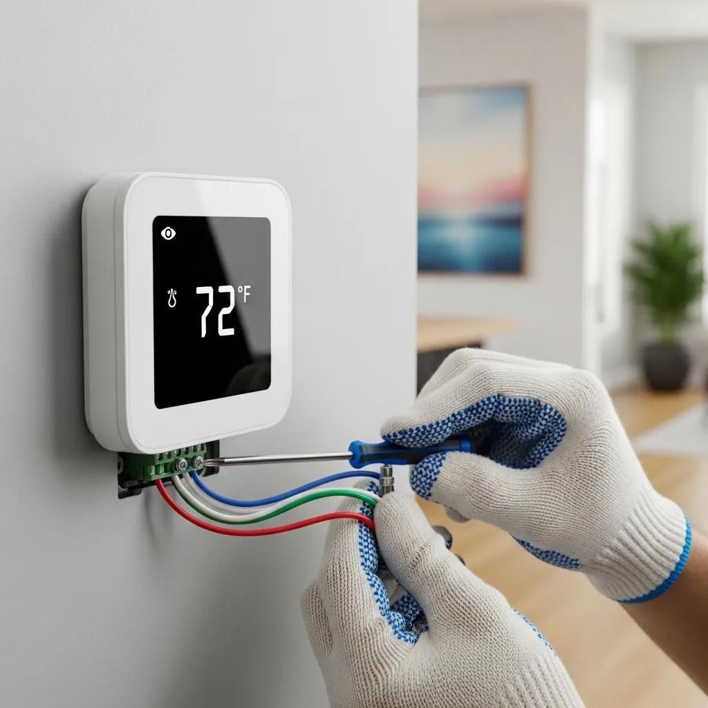 Smart Home Energy Management Systems Explained 3 Person installing a smart thermostat with a screwdriver, wires connected to terminals, and the display showing 72°F.