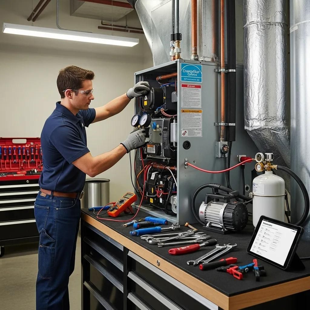 Smart Home Energy Management Systems Explained 2 HVAC technician in a workshop, working on a unit. He's wearing gloves, with tools nearby.