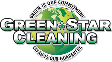 Green Star Cleaning logo in green and black with circular slogan, “Green is our commitment, clean is our guarantee.”