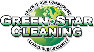 Green Star Cleaning logo in green and black with circular slogan, “Green is our commitment, clean is our guarantee.”