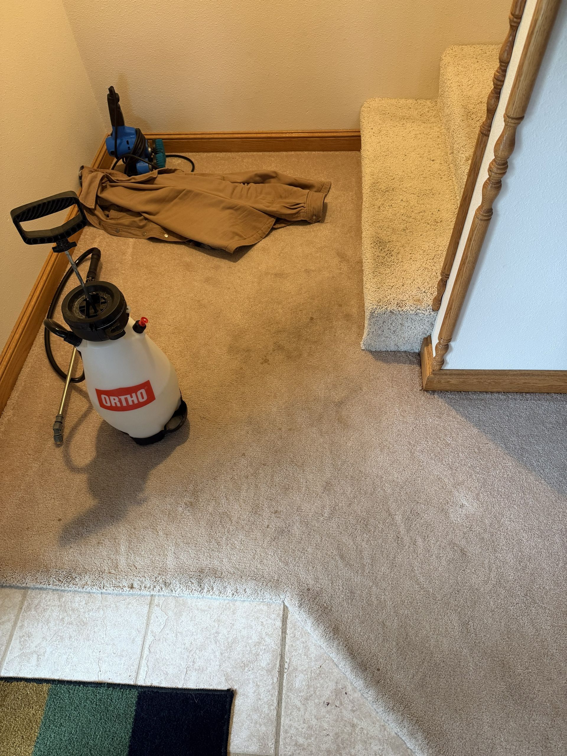 Carpeted room corner with a wet floor machine, cleaning supplies, and cardboard on the floor.