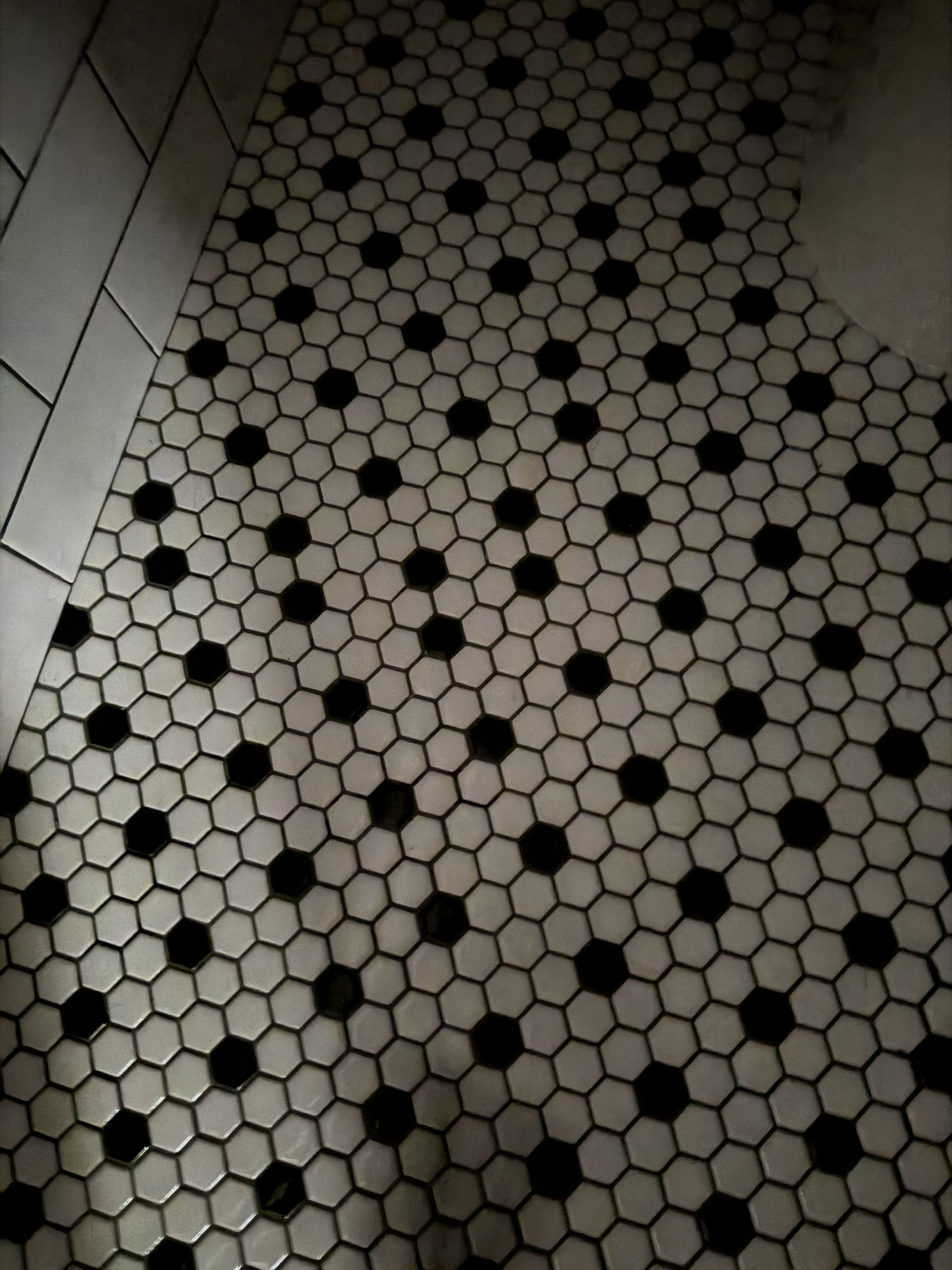 White hexagon tile floor with scattered black tiles and a visible doorway edge.