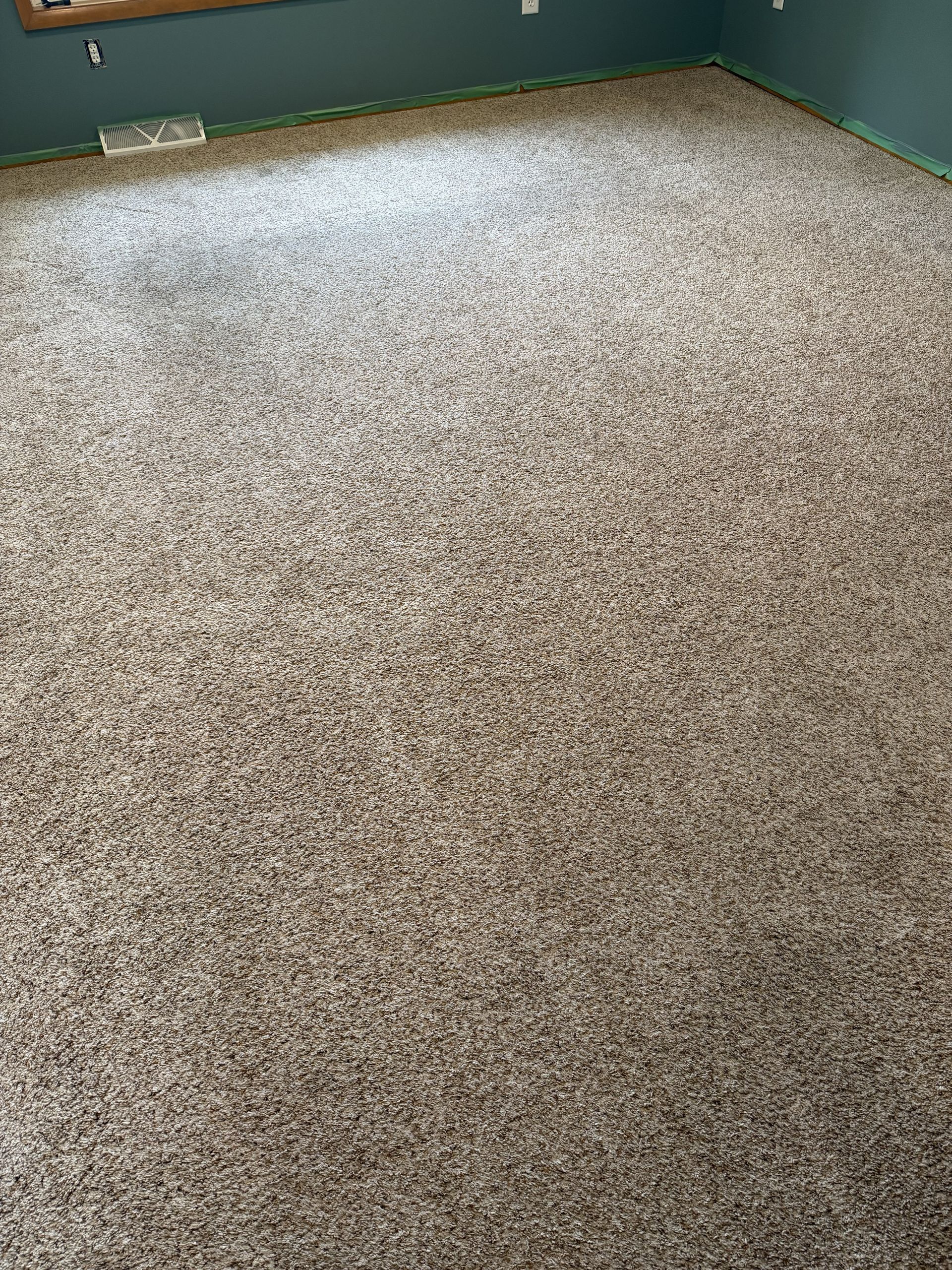 Empty room with beige carpet and green walls, viewed from a corner.