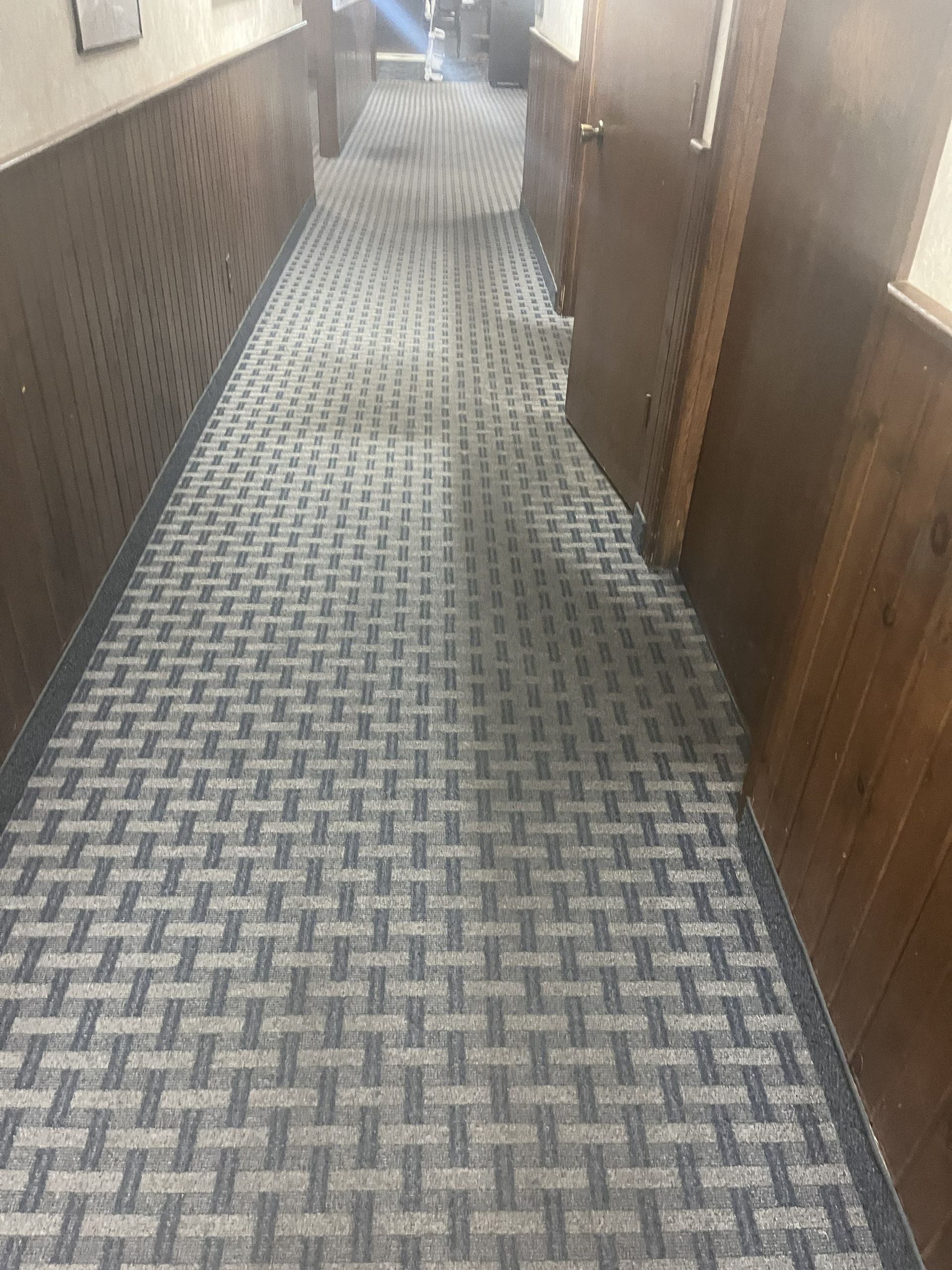 Narrow carpeted hallway with brown walls and doors on both sides