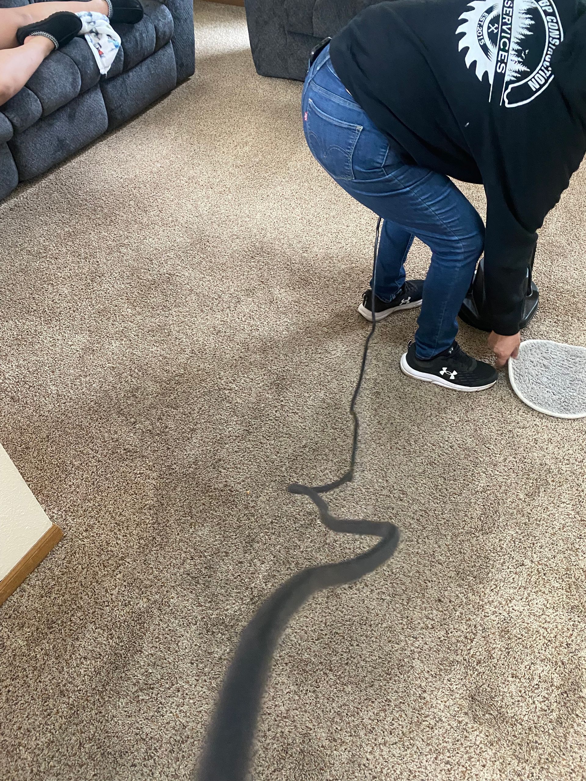 Person vacuuming a carpeted living room beside a gray couch