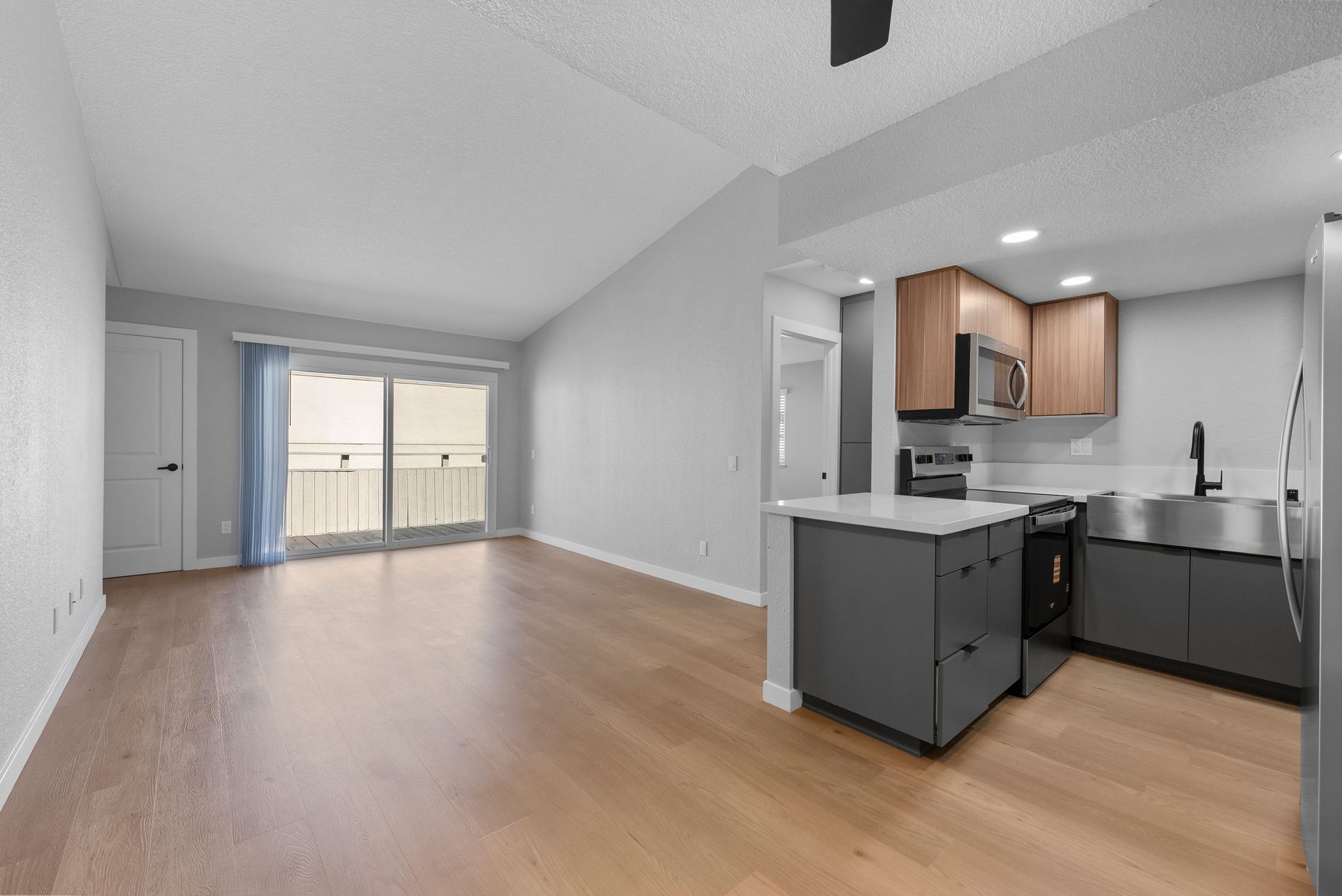 apartment kitchen and living room with patio door