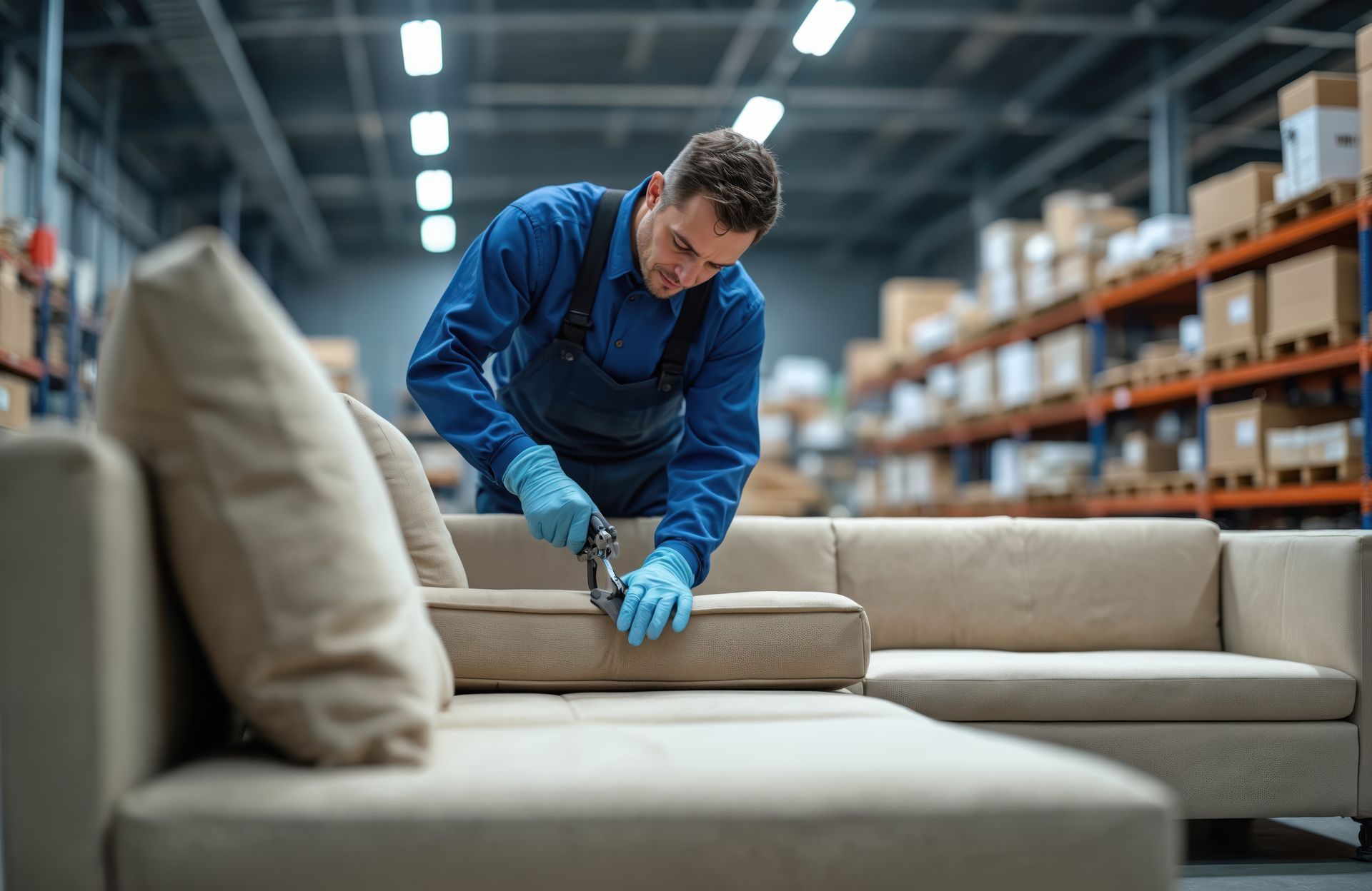 A craftsman in blue overalls and gloves reupholstering a beige sectional sofa in a storage warehouse A craftsman in blue overalls and gloves reupholstering a beige sectional sofa in a storage warehouse