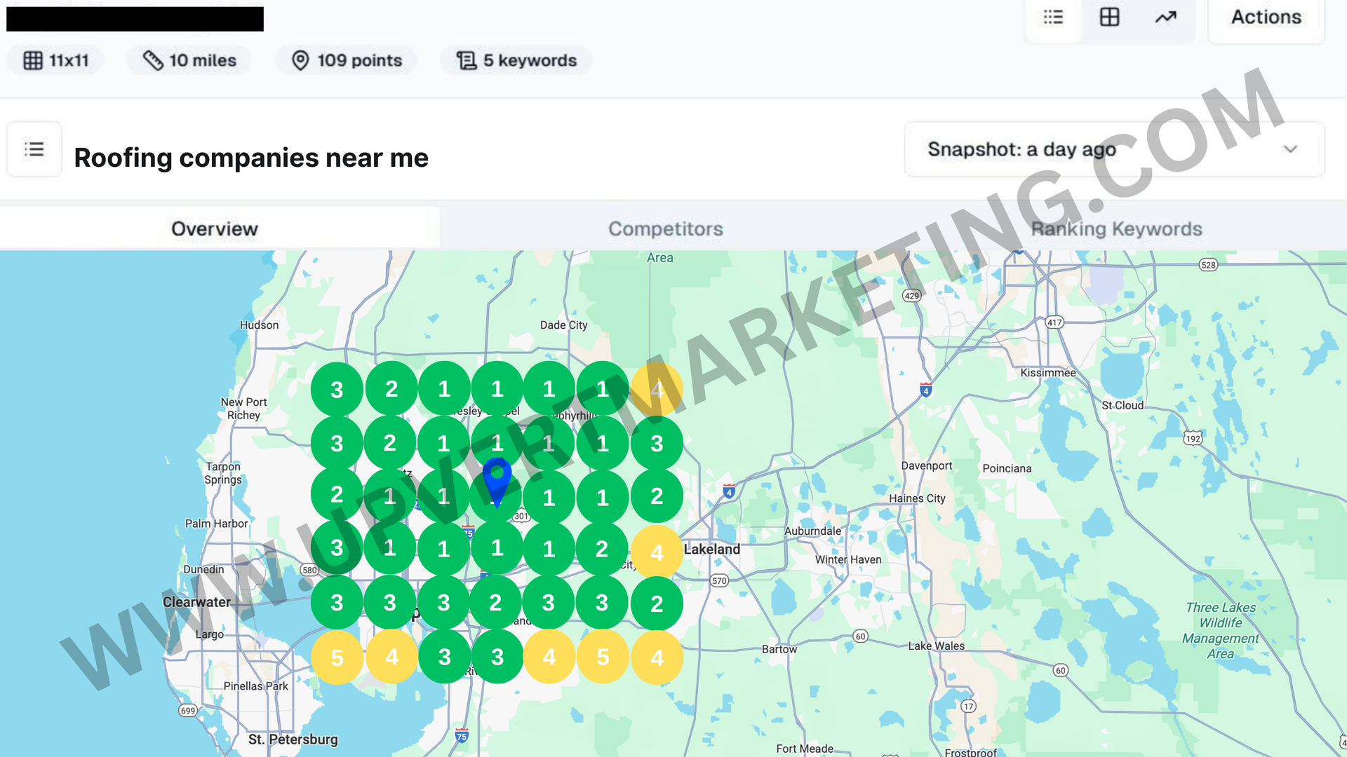 Map showing local roofing companies; green, yellow circles indicate search results.