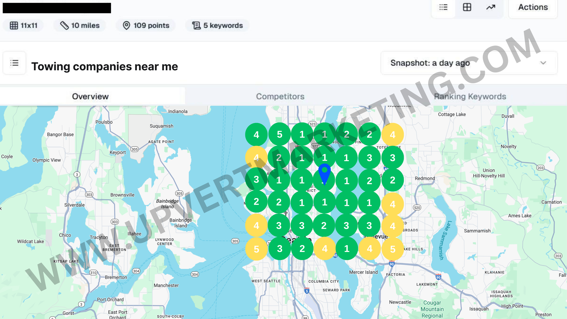 Map showing the number of towing companies near a location, marked with green and yellow circles.