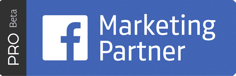 Facebook Marketing Partner badge, white Facebook logo, blue background, and