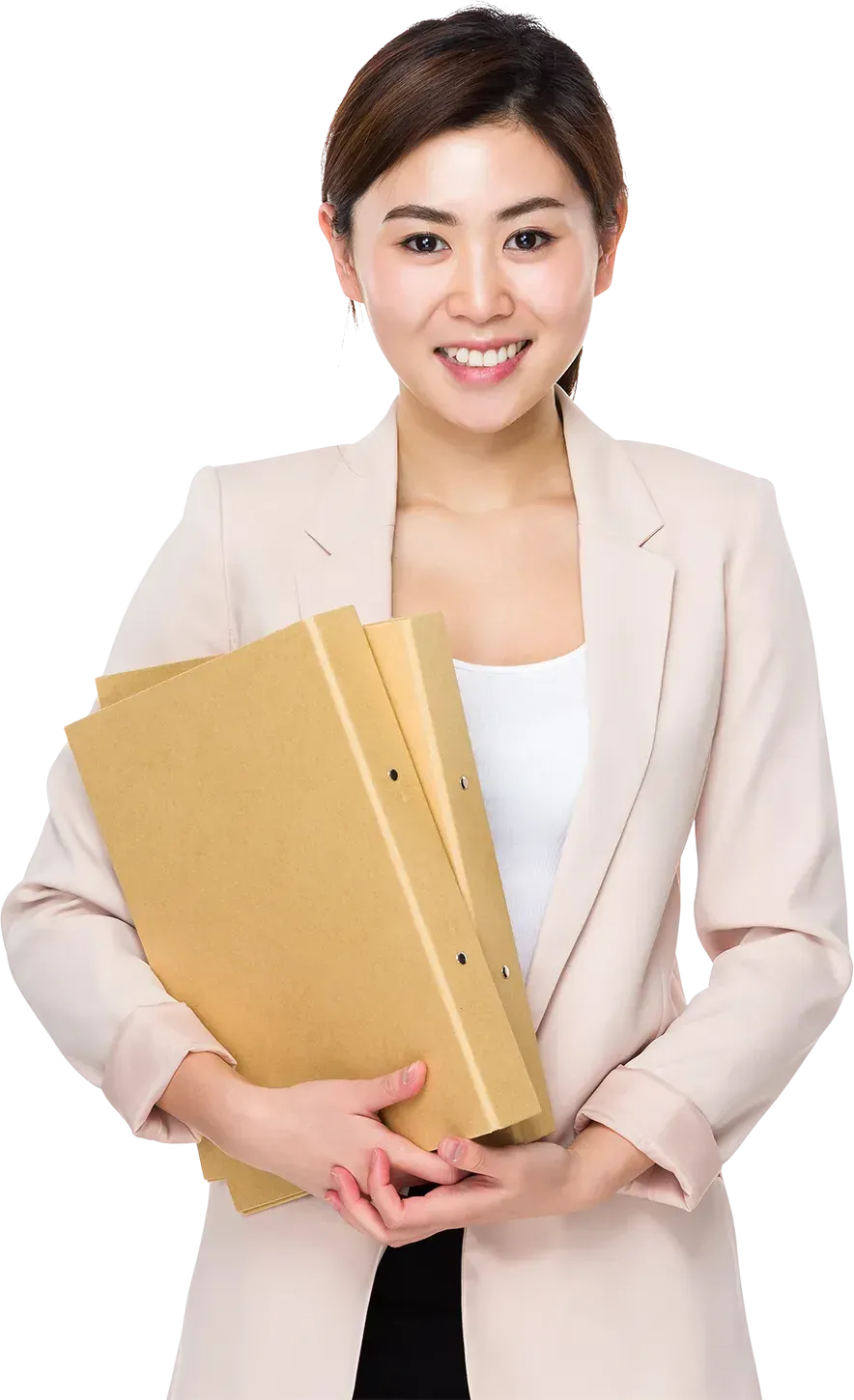 A female, Asian office worker carrying files