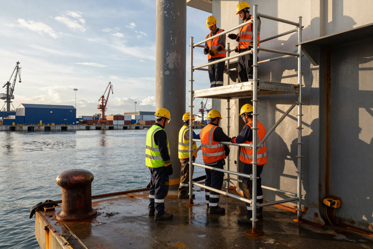 Trabajadores con equipo de seguridad en andamios junto a una estructura industrial frente al mar.