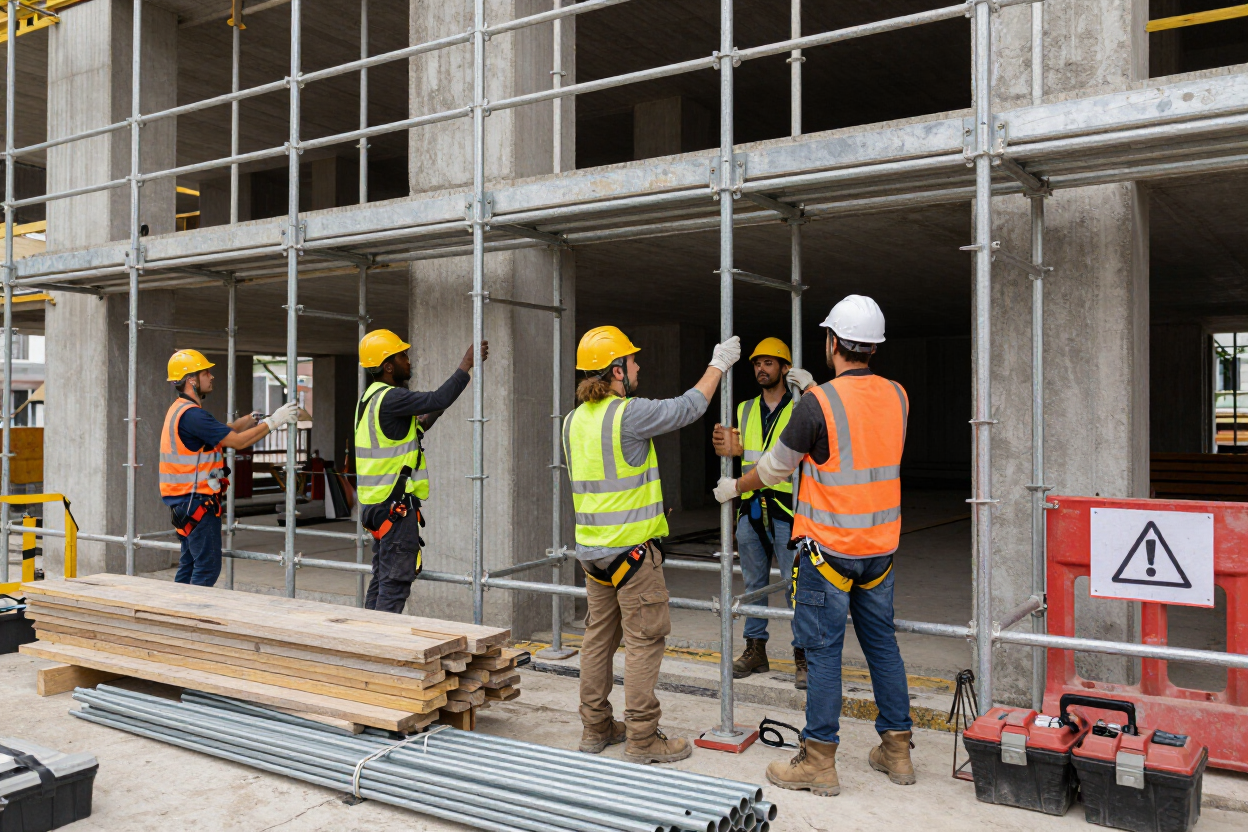 Obreros de la construcción, equipados con chalecos y cascos de seguridad, trabajan en un andamio en una obra.