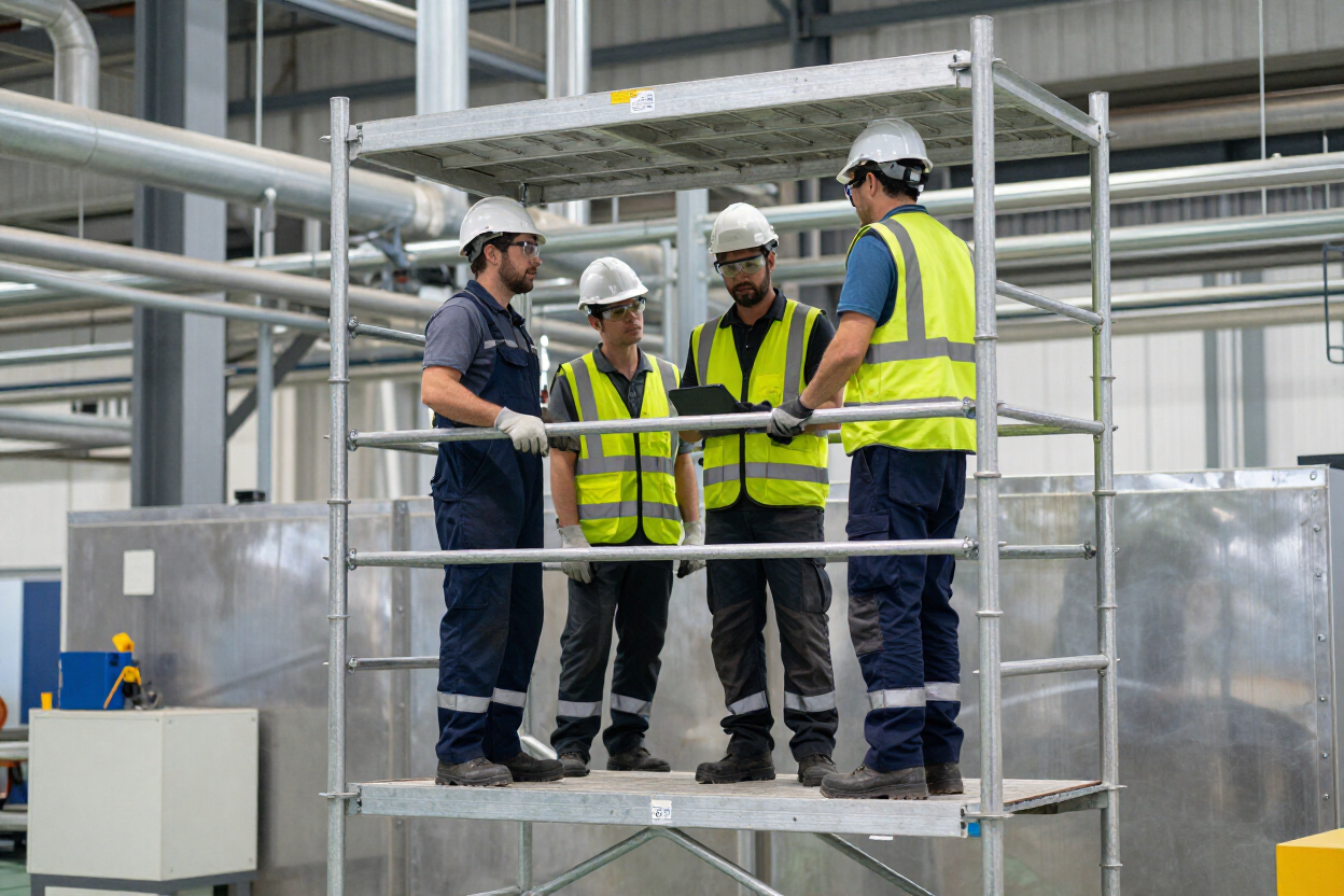 Cuatro trabajadores con chalecos de seguridad y cascos conversan en una plataforma metálica en una planta industrial.